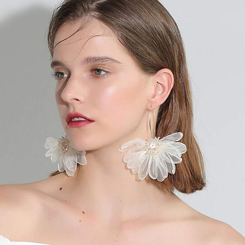 YERTTER Women Big Petal Drop Large Earrings Big Flowers Dangle Earrings with Chiffon Floral Tassel for Vacation Wedding (Ivory) - Image 4